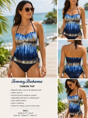 Tommy Bahama Blue Abstract Halter Tankini Top Size L Ruched Side Swimwear